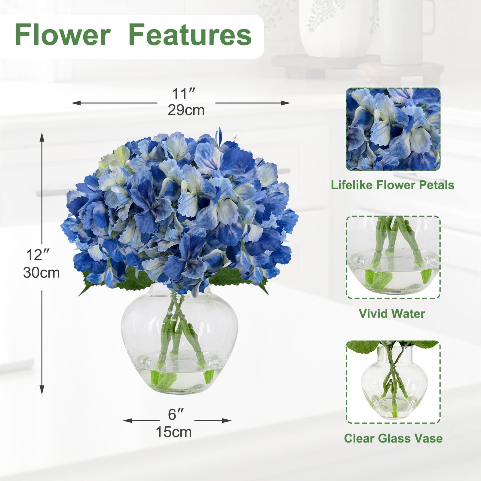 Blue Silk Hydrangea Artificial Flowers Fringed Edge Fake Flowers with Glass V…