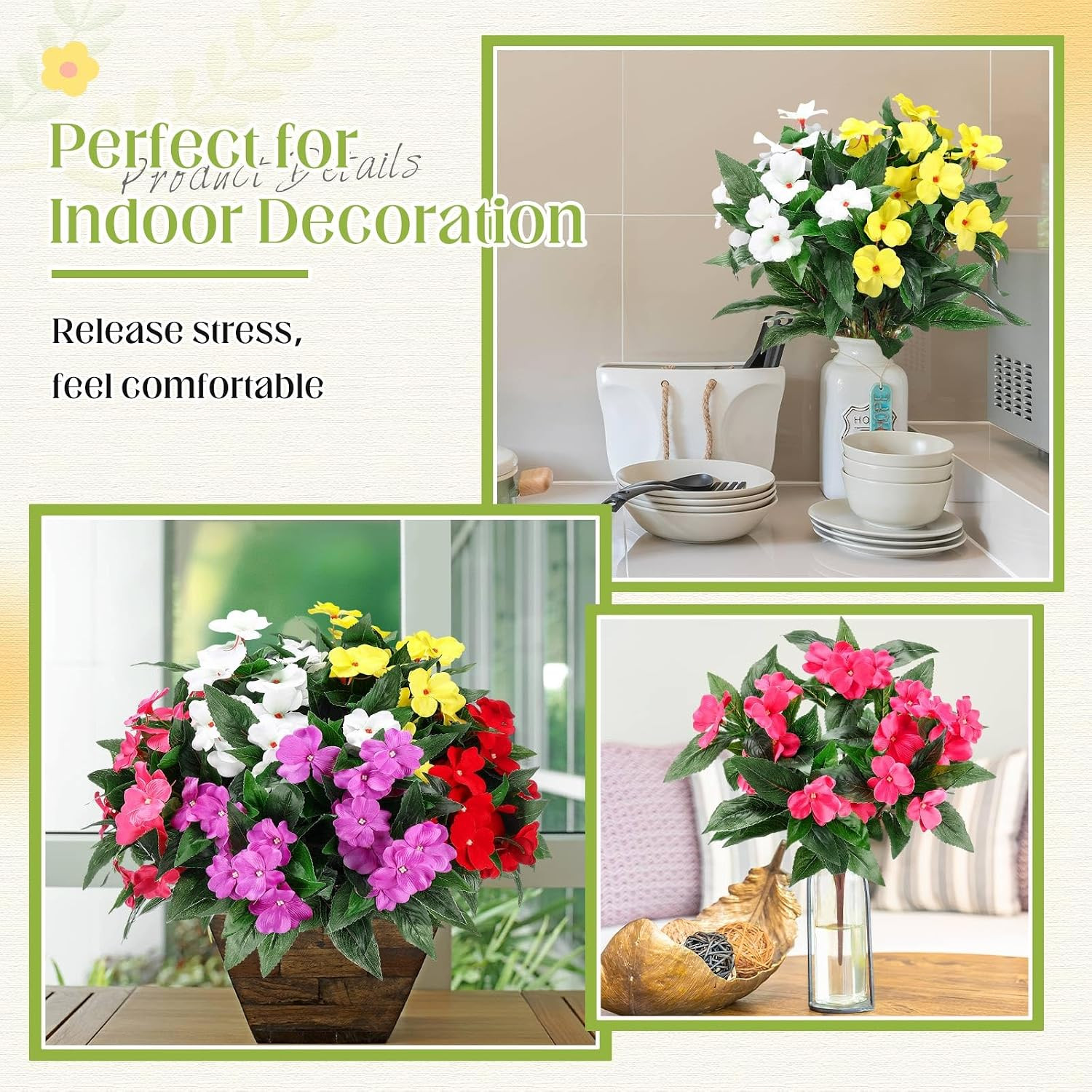 10 Bundles of Colorful Silk Impatiens Flowers for Indoor & Outdoor Decor