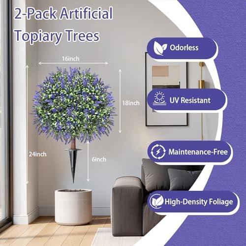 Artificial Topiary Ball Trees, Set of 2 UV Resistant 2 ft (18″ Ball) Lavender