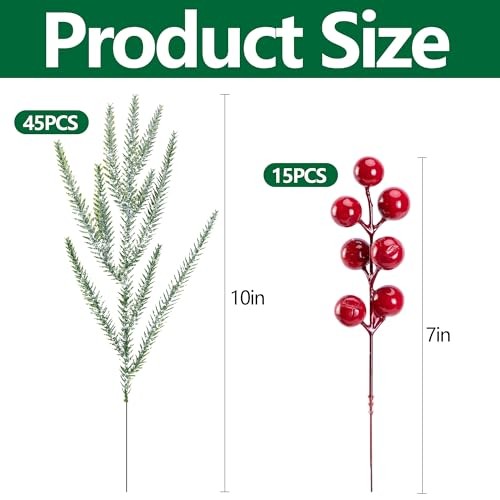 Christmas Snow Norfolk Pine Branches with Red Berry Stems, 60 Pcs Snowy B Style