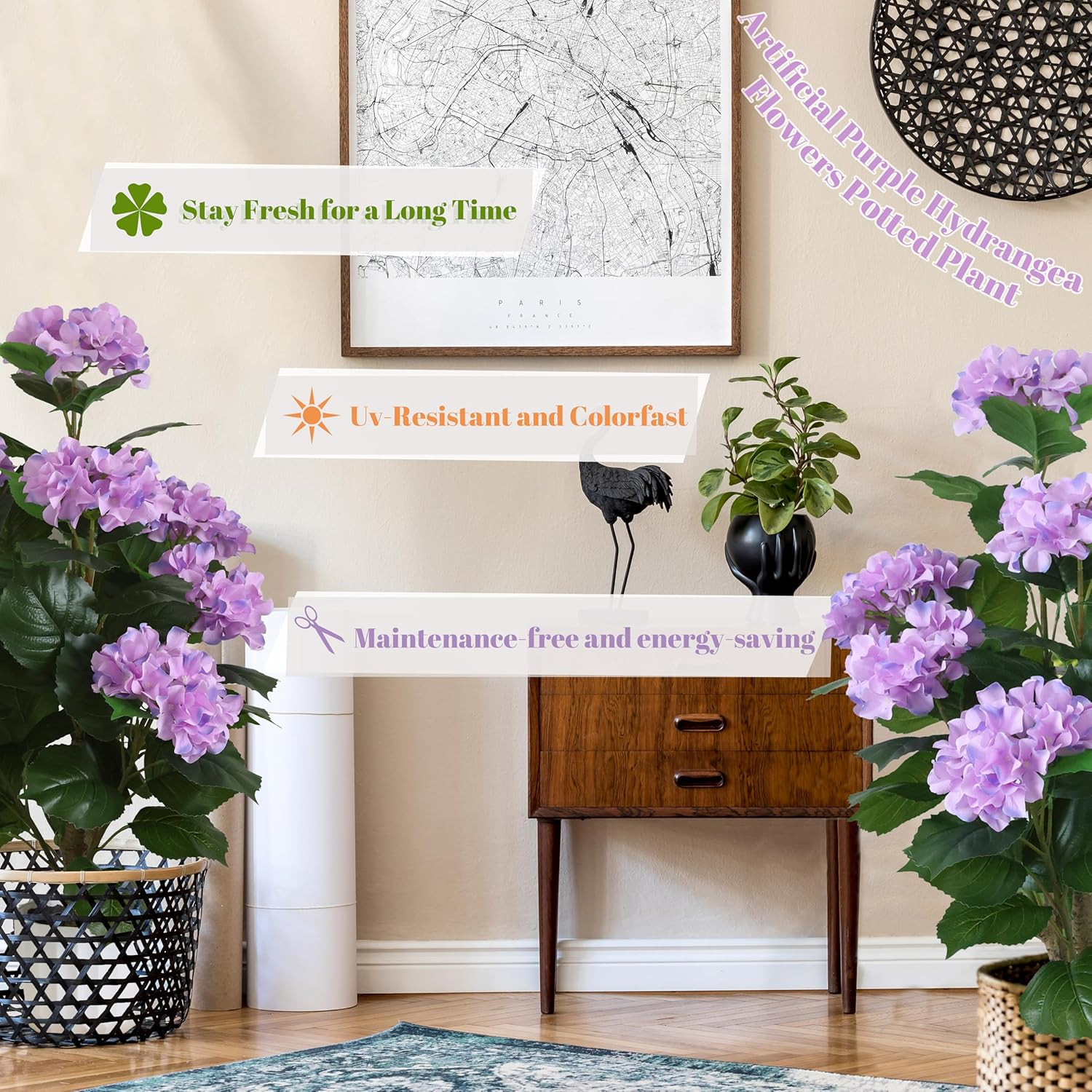 31″ Purple Hydrangea Potted Plant – Realistic Indoor/Outdoor Decor