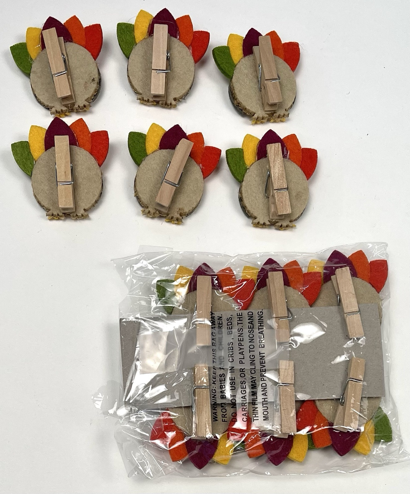 Set 12 Mini CLOTHES PINS Crafting Burlap Felt Fall Thanksgiving TURKEYS EUC