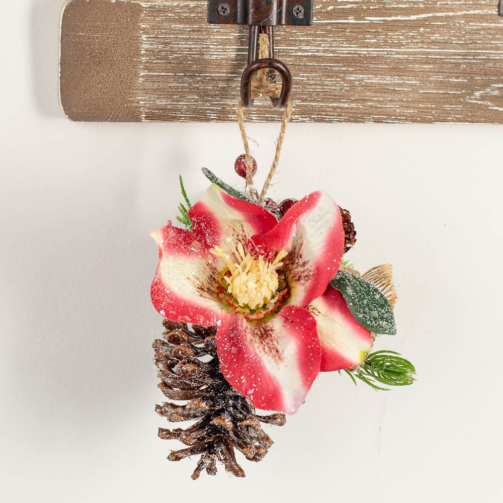 Set of 4 Sparkling Pine Cone 5″ Ornaments with Flower Accent & Burlap Bow