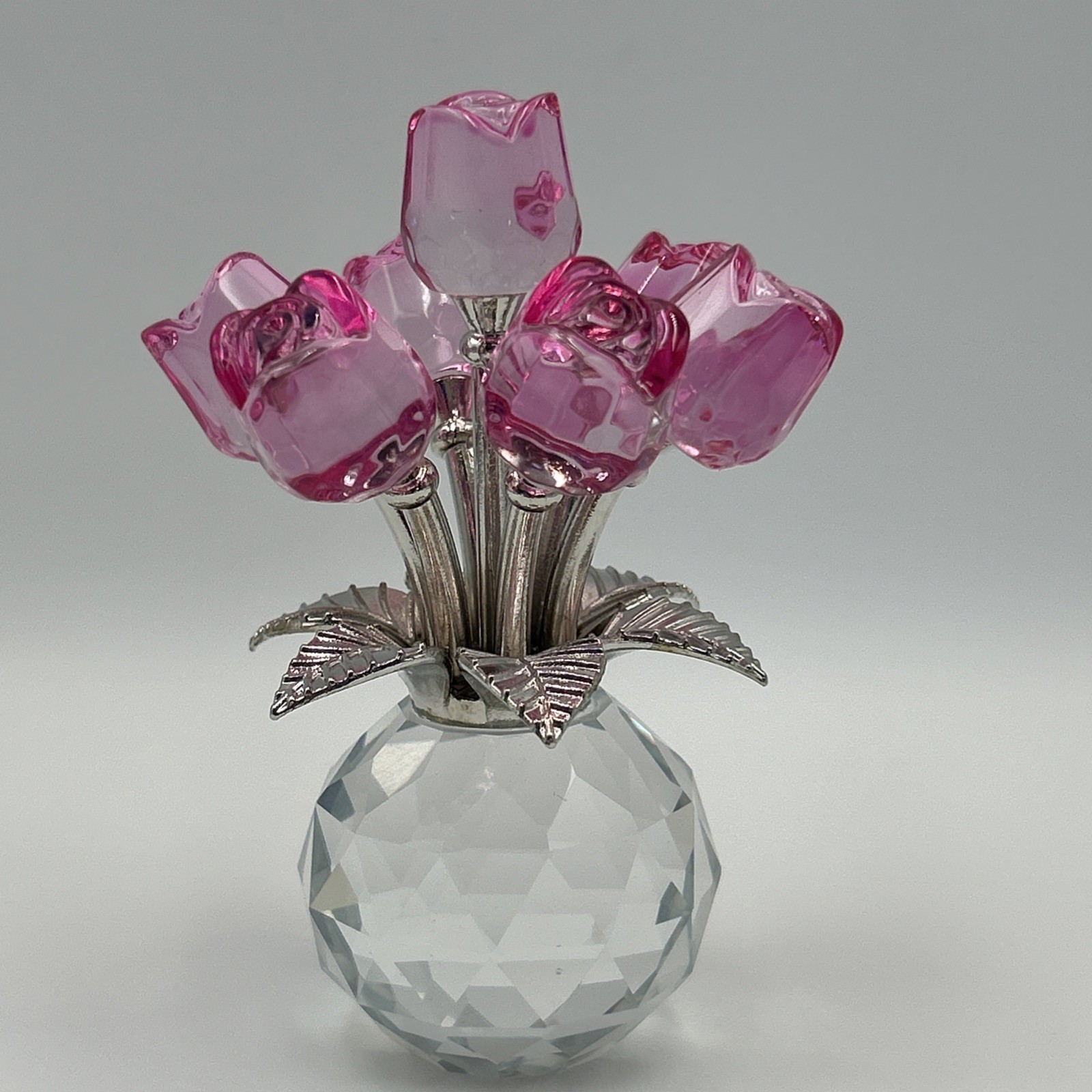 Handmade Crystal Glass Pink Rose Bouquet Flowers Vase Figurine + Gift Bag & Card