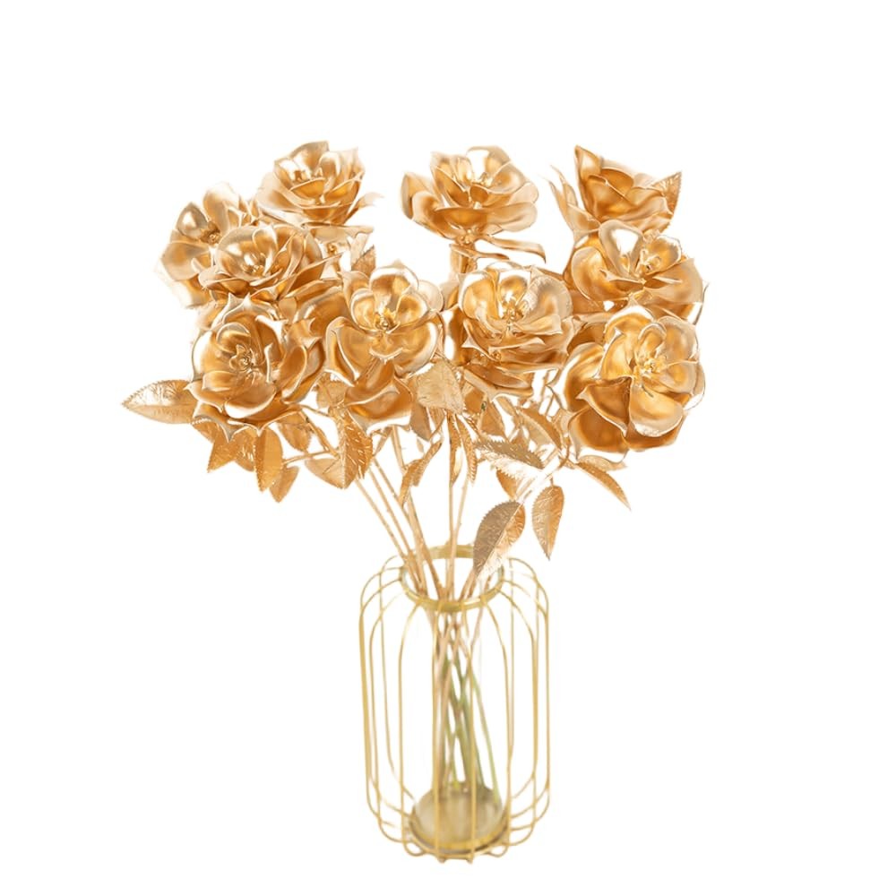 5 Pcs Artificial Golden Roses Flowers 20 Inches Artificial Rose Fake Rose Flo…