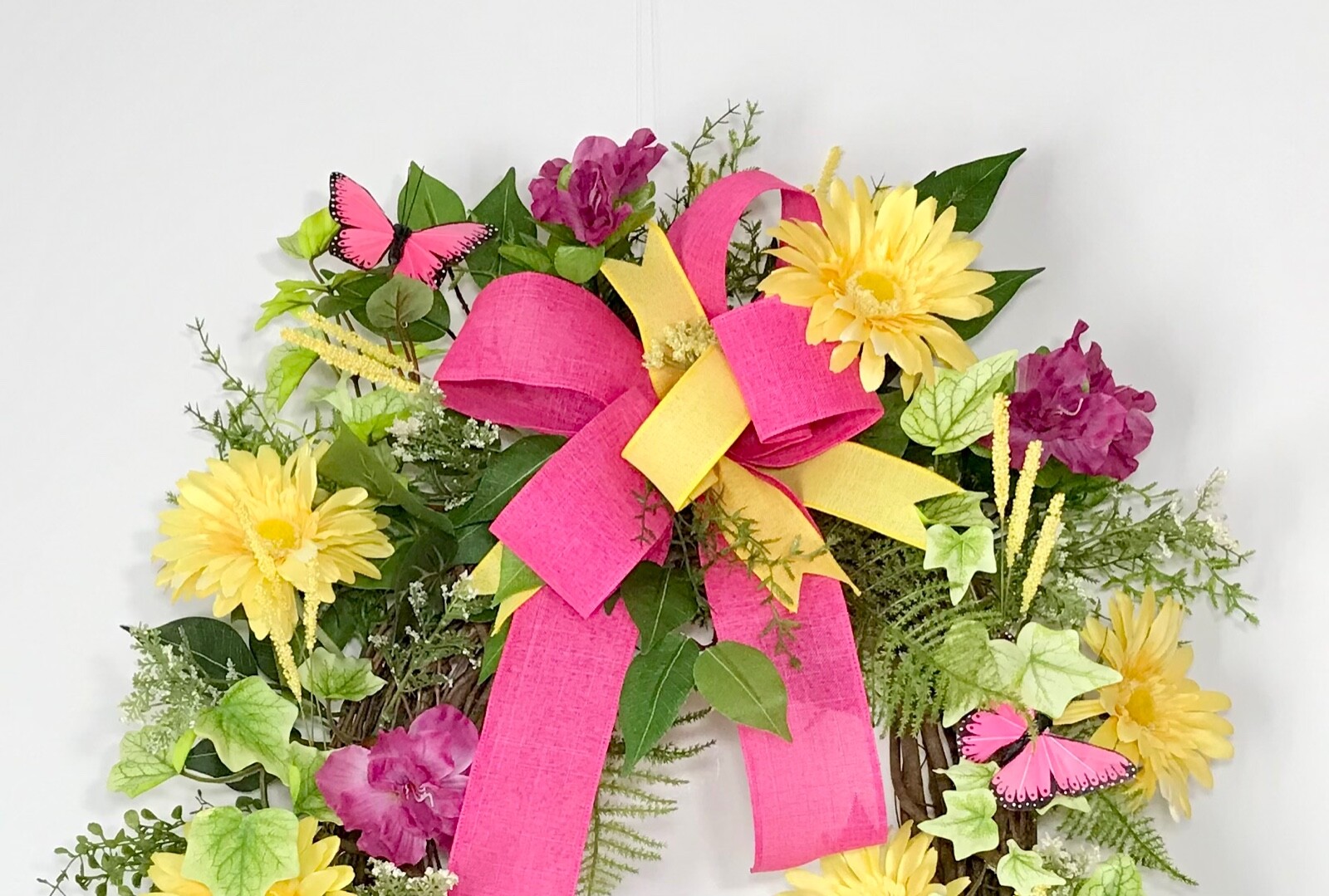 SPRING SUMMER GRAPEVINE BRIGHT YELLOW WREATH DECORATION RIBBON BOW HANDMADE NEW