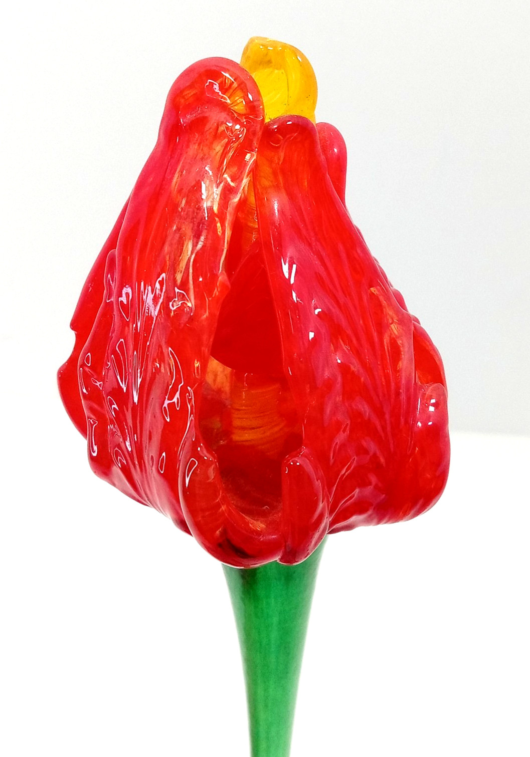 Vintage Blown Art Glass Long Stem Flower Red Bud Orange Center Ribbed Texture