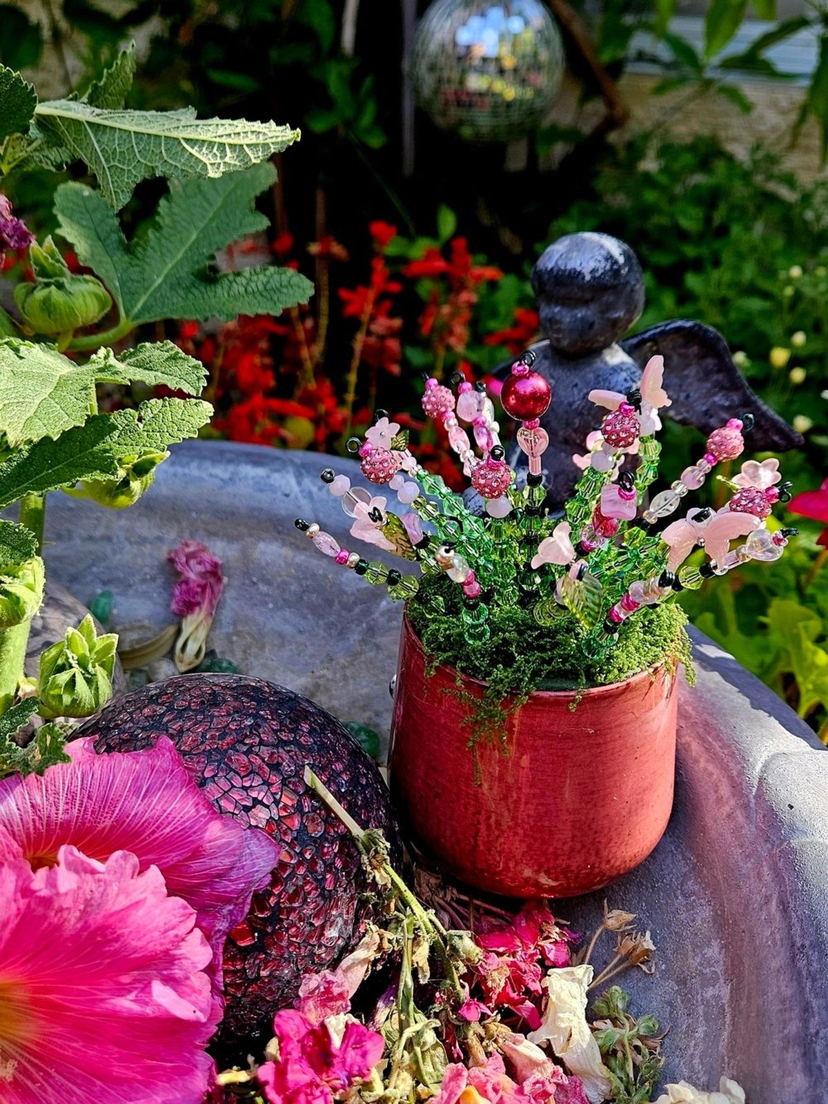 Pink Beaded Floral Accent Pot – Decorative Home Accent