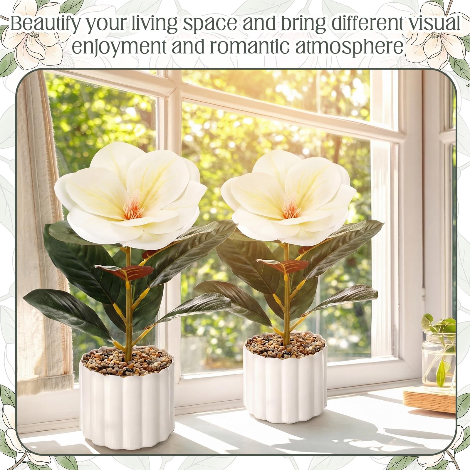2 Pack 10.6″ Artificial Magnolia Flowers Potted Plant Real to Touch White Mag…
