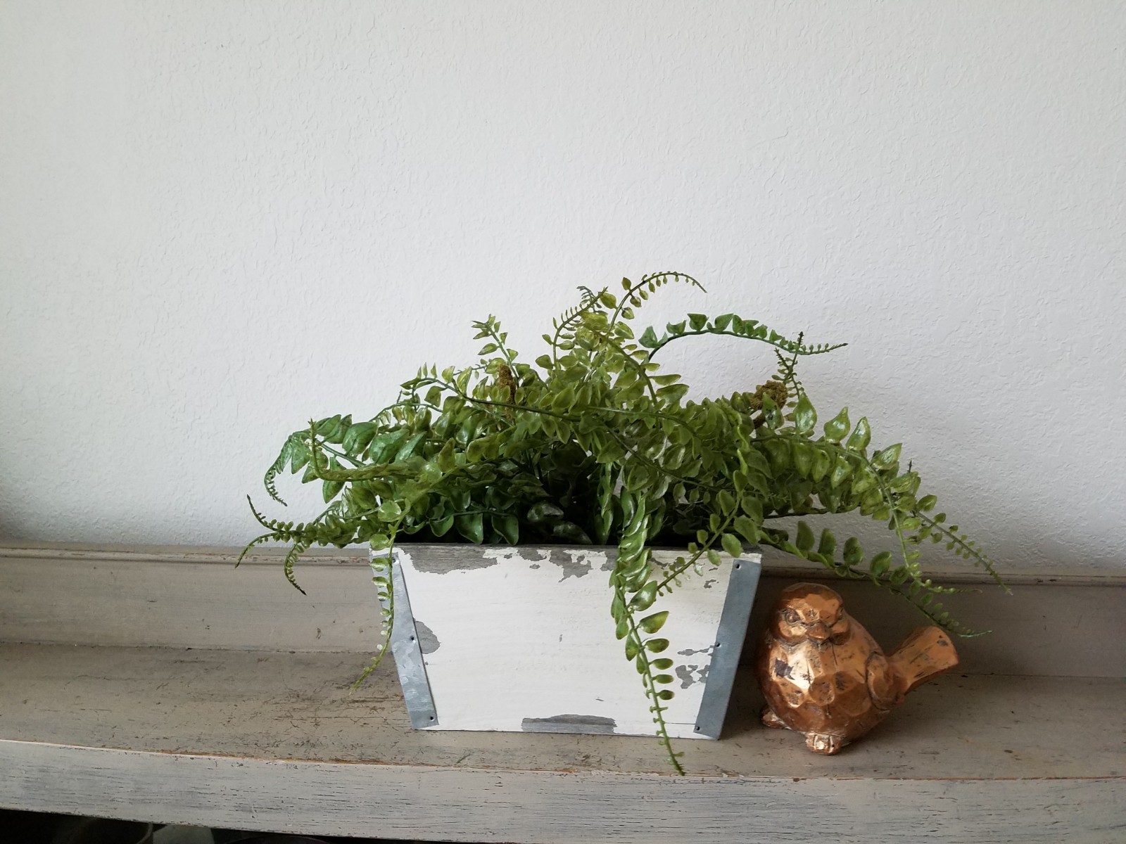 White Wood planter box, faux fern, home decor, Distressed Wood Planter