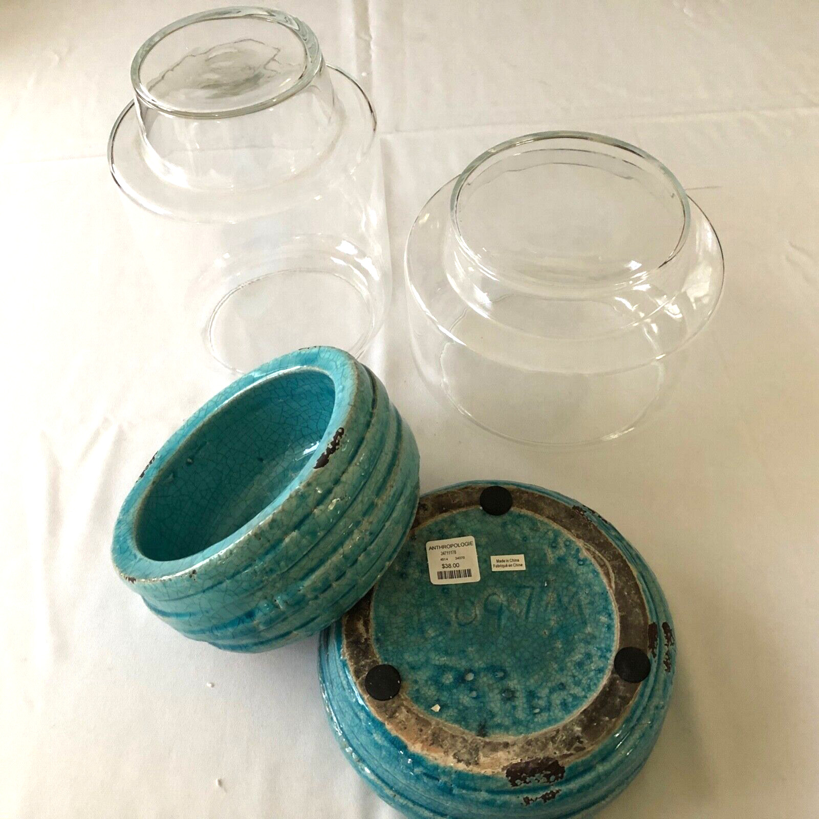 Anthropologie Terrain NWT Terrariums (2) Ceramic and Glass Turquoise Beach