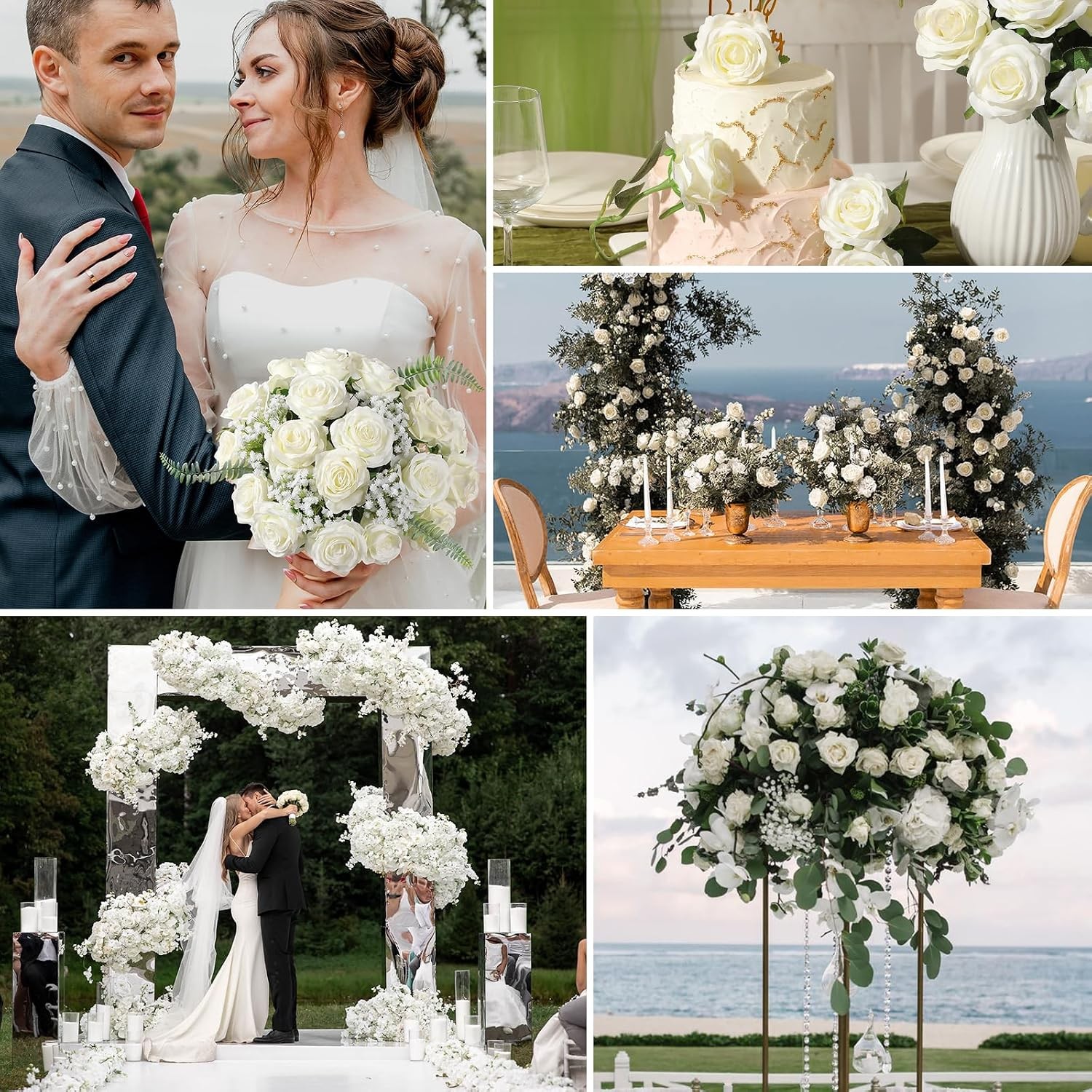 12 Pcs White Roses Long Stem, Artificial Silk Bouquet Wedding DIY
