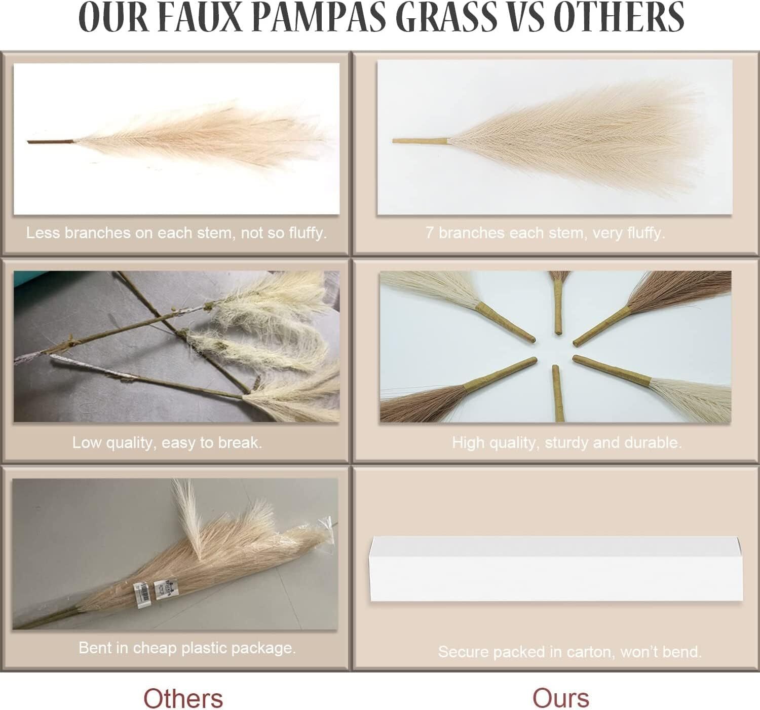 Faux Pampas Grass Decor. 6 Stems 17” Short Artificial Beige, Light Brown
