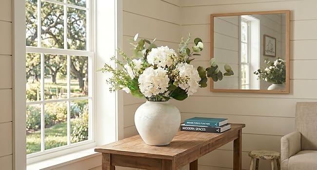 Faux Arrangement – Eucalyptus & White Hydrangea Flowers, Large Artificial Floral