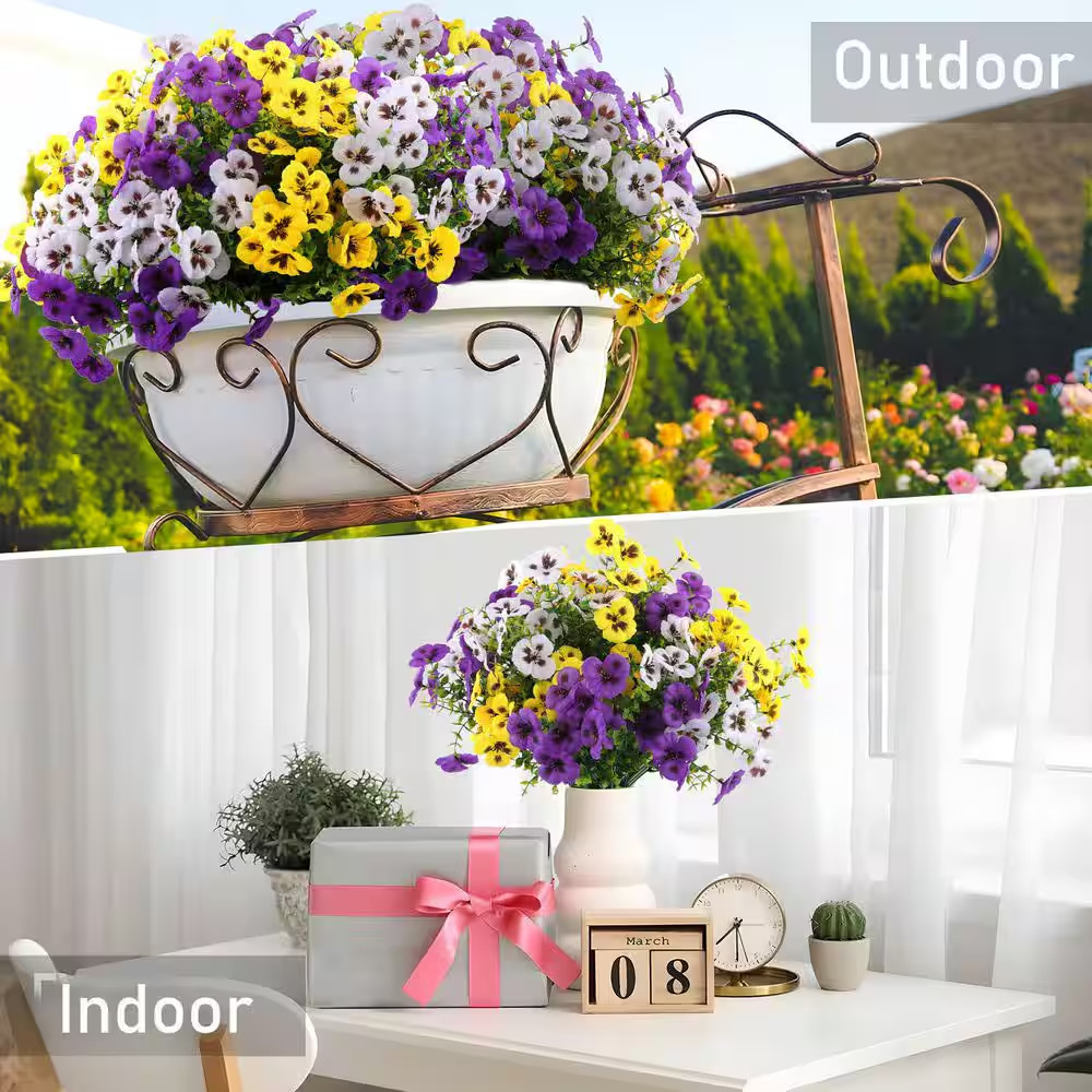 8 In. Purple Yellow White Indoor/Outdoor Artificial Pansy Flower-Uv Resistant Fa