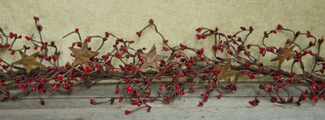 NEW Primitive FARMHOUSE PIP BERRY GARLAND RED BURGUNDY 40″ Rusty Stars Rustic