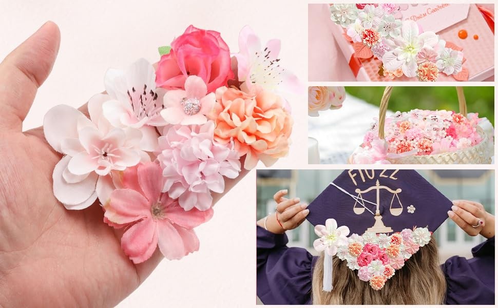 70 PCS Mini Artificial Flower Heads Pink Silk Peony Daisy Rose Craft Bulk
