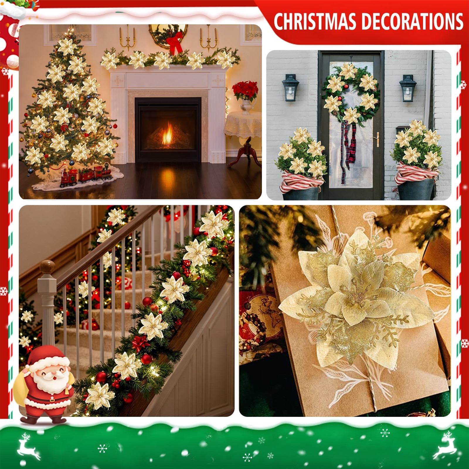 24 PCS Gold 5.9 Inch Christmas Artificial Poinsettia Glitter Flowers Decor