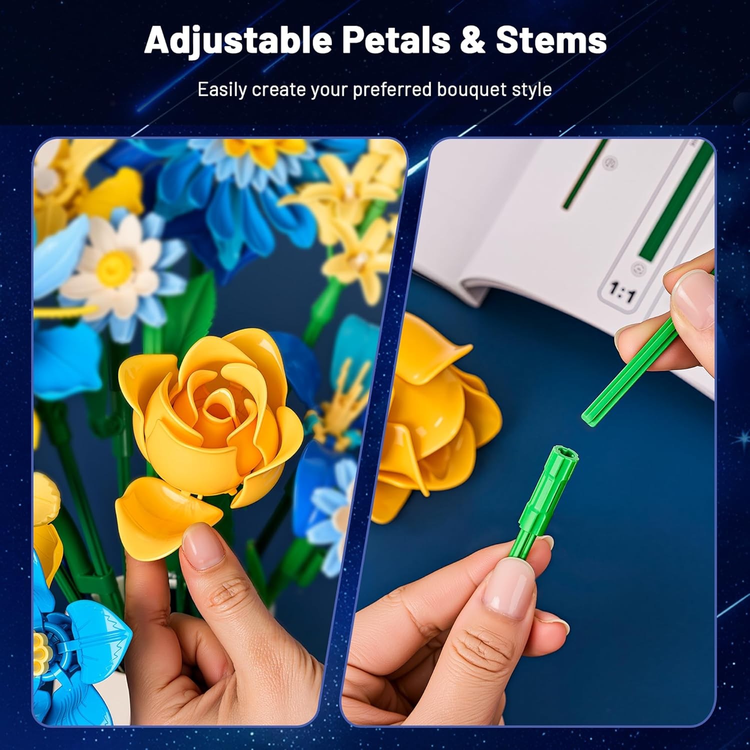 Starry Blooms Flowers Bouquet Building Set for Adults, Artificial Flower Compati