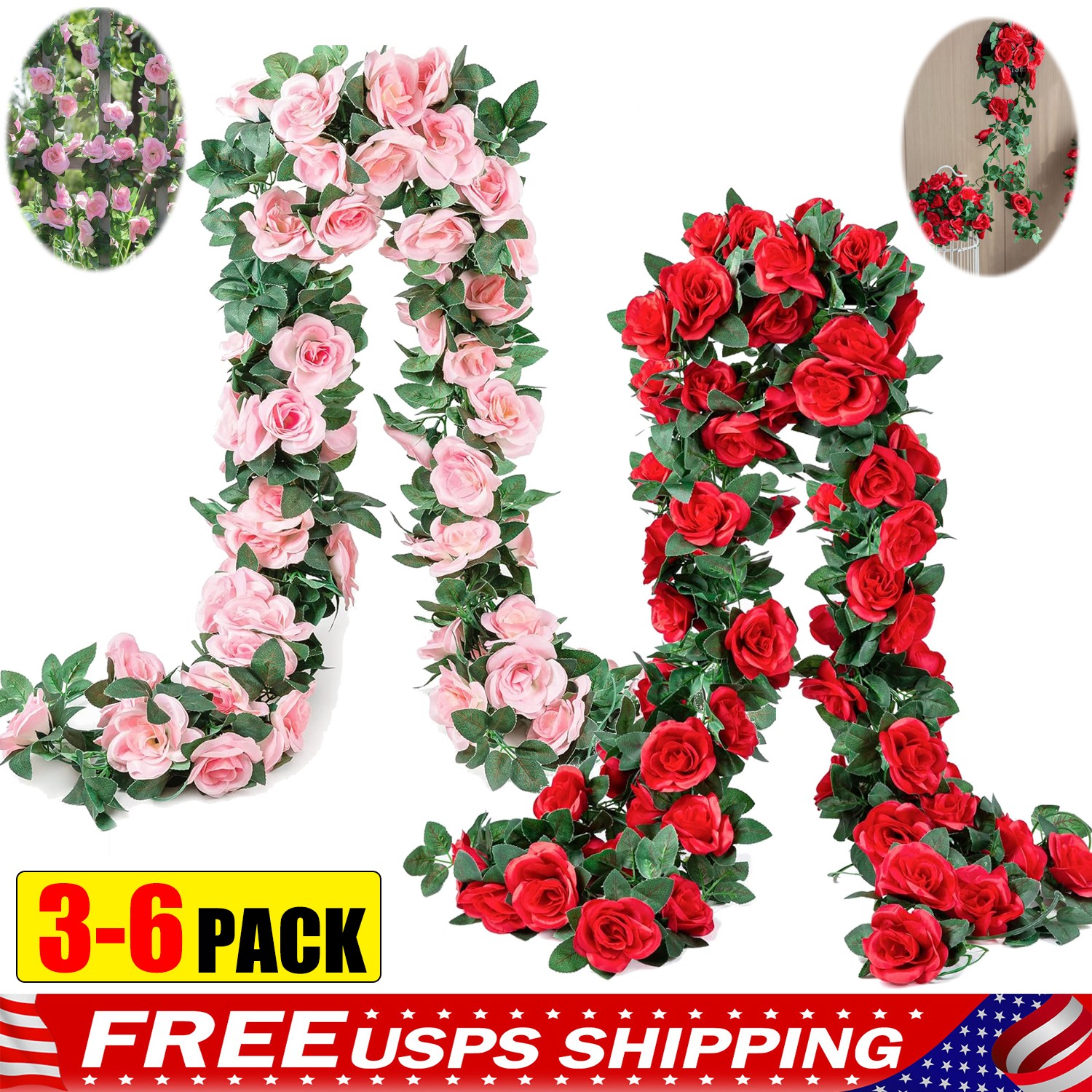 6x Pink/Red Artificial Rose Vine Fake Flower Garland Fake Silk Rose Hanging Vine
