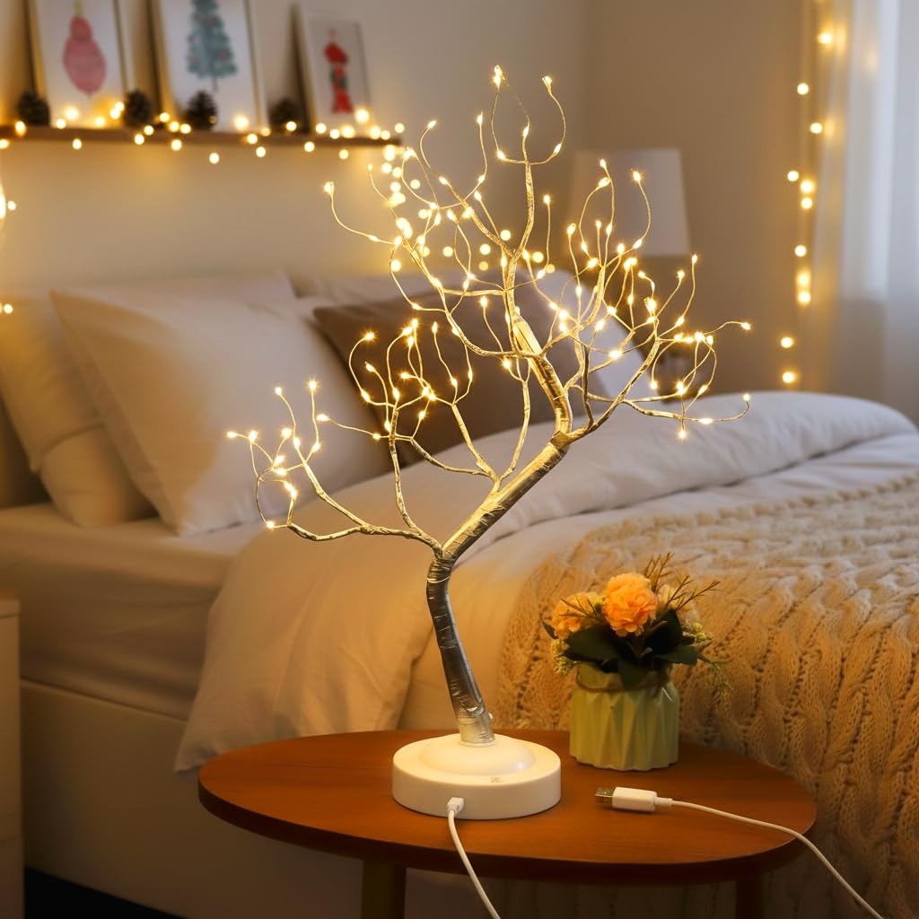 FUCHSUN 108 LED Tabletop Bonsai Tree Light USB Battery Operated Timer Silver