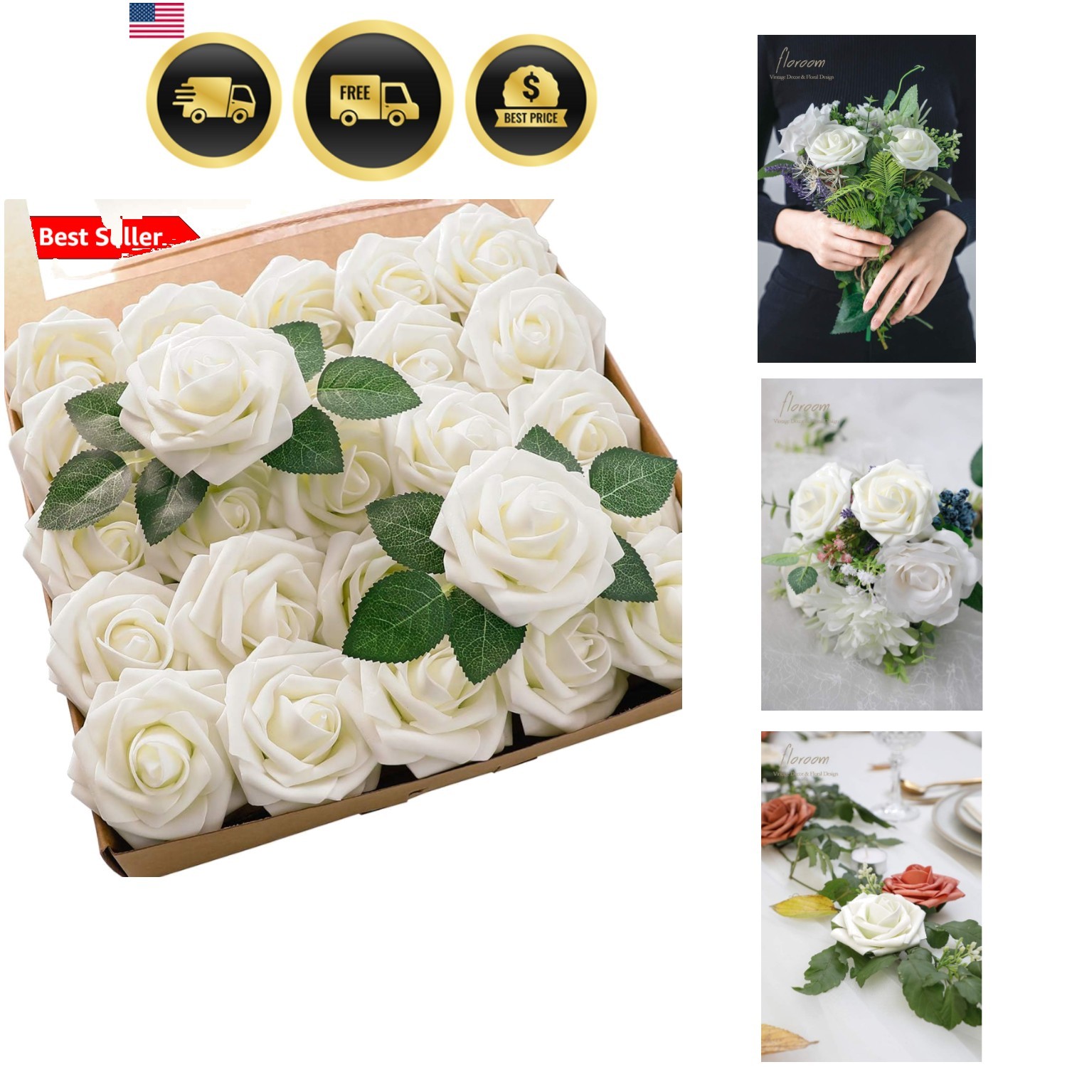 Artificial Flowers 25pcs Real Looking Ivory Foam Fake Roses with Stems for DI…