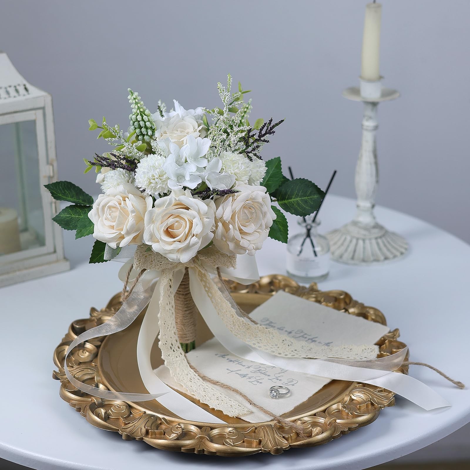 Wedding Bouquets for Bride Bridesmaid,White Champagne Artificial Roses Flower…
