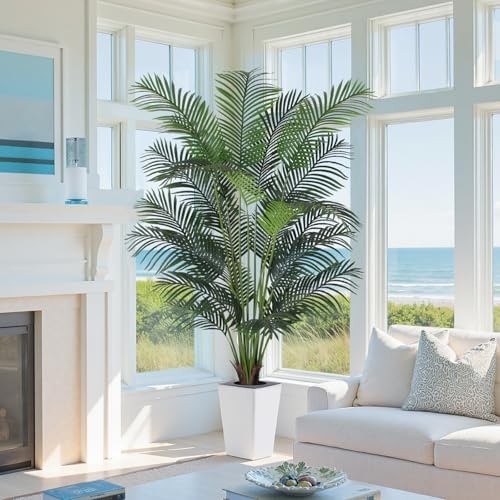Artificial Palm Tree with White Tall Planter, 7ft Tall Potted Artificial Silk…