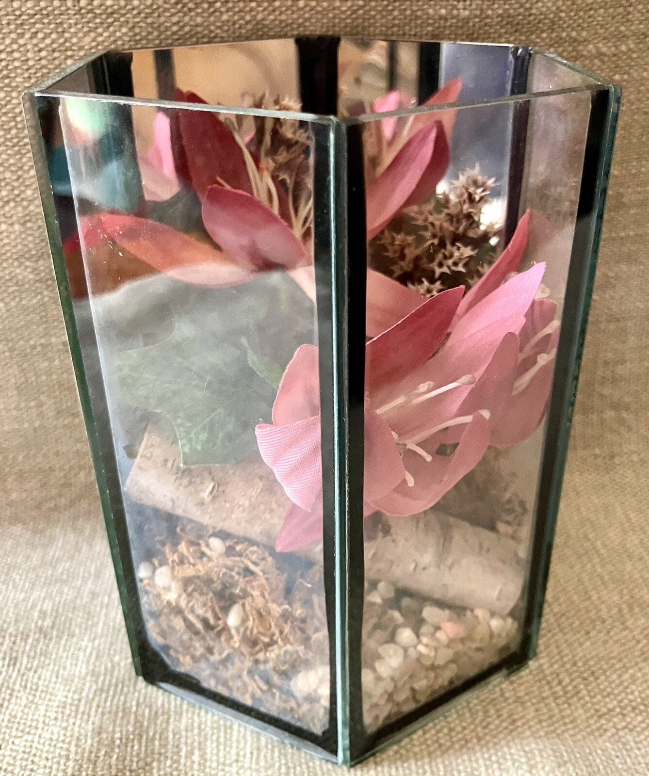 Vtg Geometric Terrarium Faux Pink Lily Glass Polygon On The Rocks Mirror Back