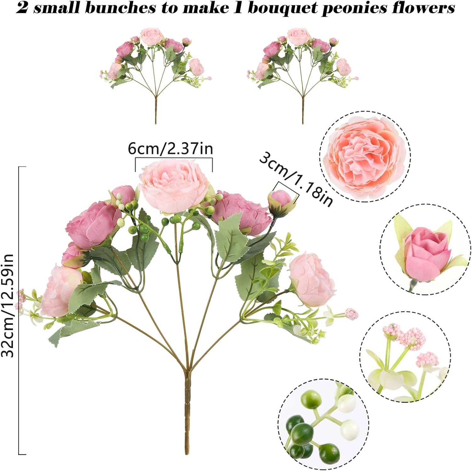 Artificial Peonies Silk Flowers, Pink Faux Peony Bouquet 2 Bundles Florals Arran