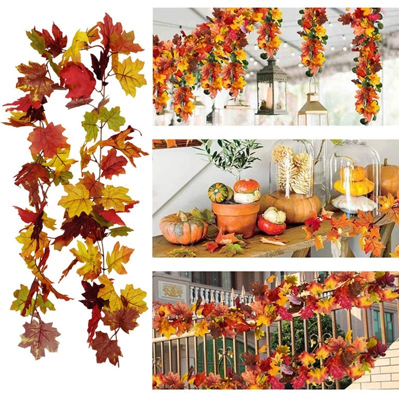 Autumn Fall Maple Leaves LED Lights Hanging Plant Halloween Artificial Flowers