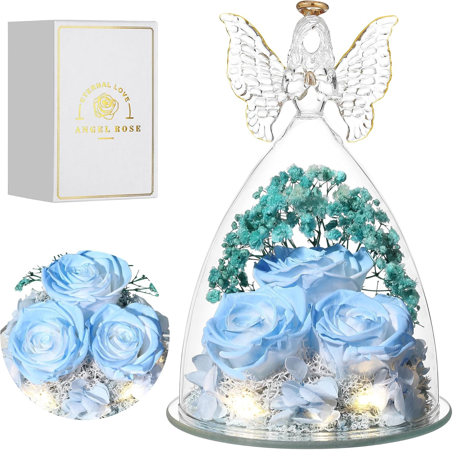 Mothers Day Rose Gifts for Women Preserved Real Flower in Glass Angel Figurines