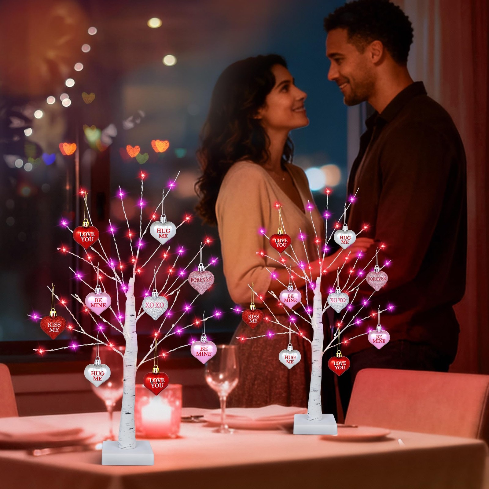 2 PCS Timer Valentines Decorations 24 Inch Tree 65 Lights 18 Heart Ornaments