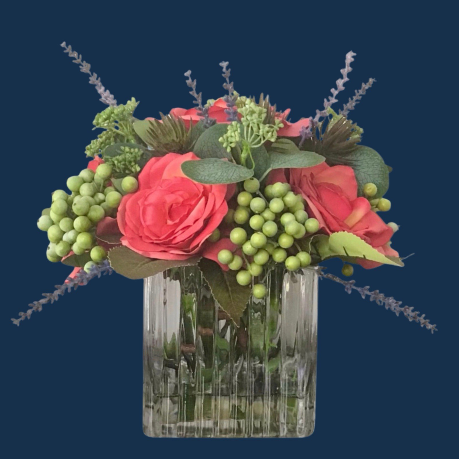 Custom Designed Faux Floral Arrangement Glass Vase With Faux Water