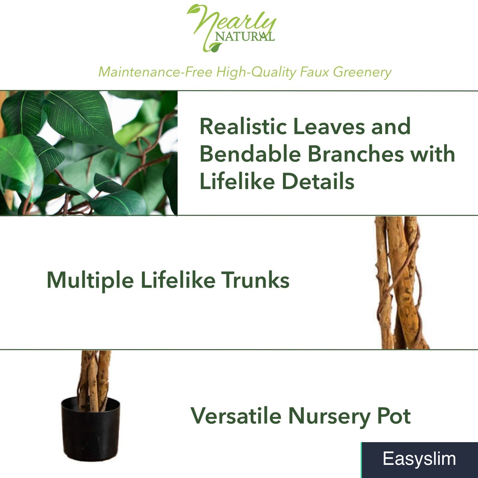 Artificial Ficus Tree 36 Inches Triple Trunk Green Silk Black Pot