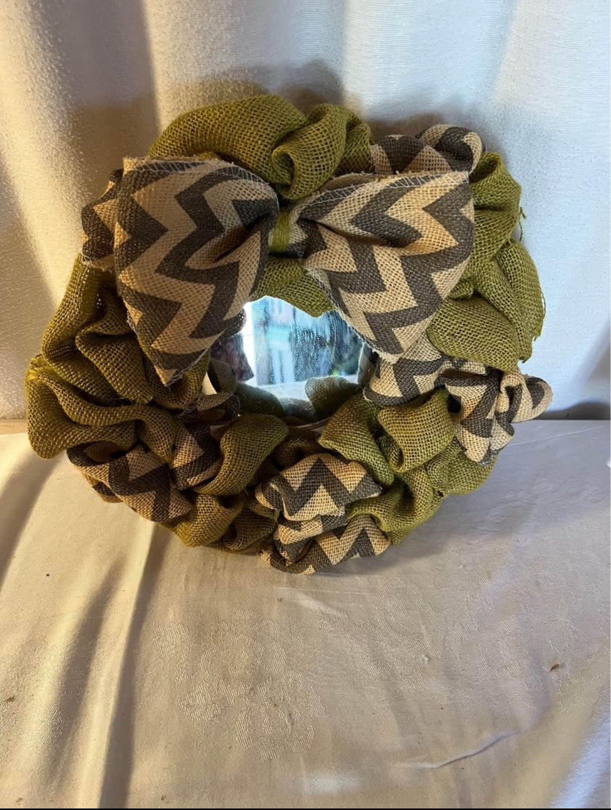 handmade burlap wreath green & tan with mirror in middle 14: diameter