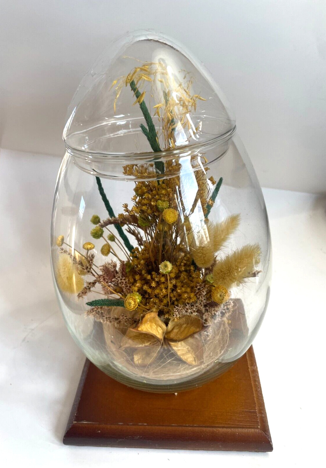 Vintage Glass Egg Terrarium with Dried Yellow Flowers, 1970s, H:10″ by W:5.5″