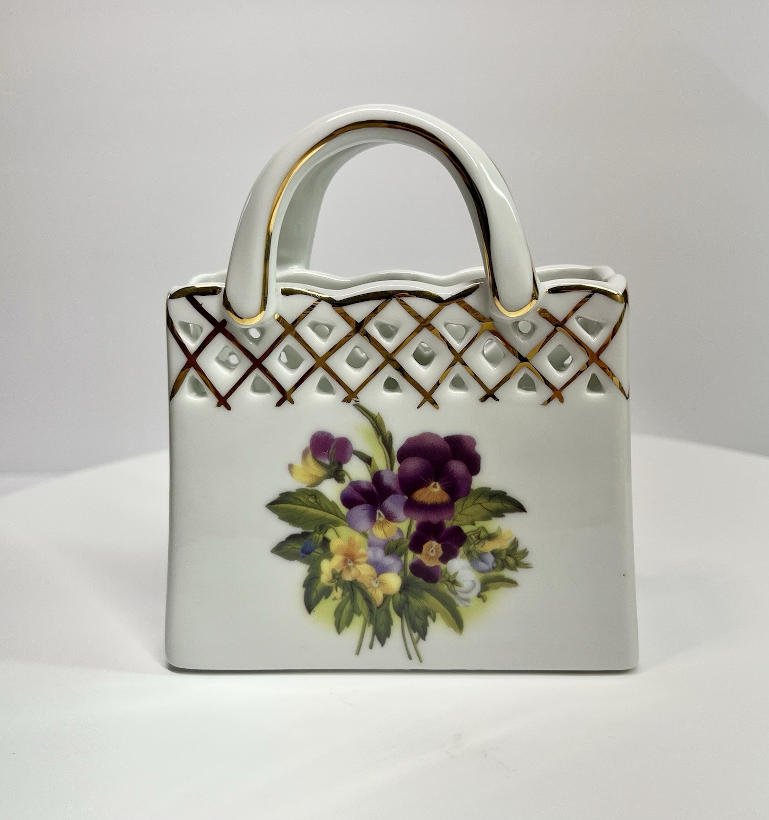 MCM Vintage Porcelain Purse Vase Pansies Old World Collection Figurine Flowers