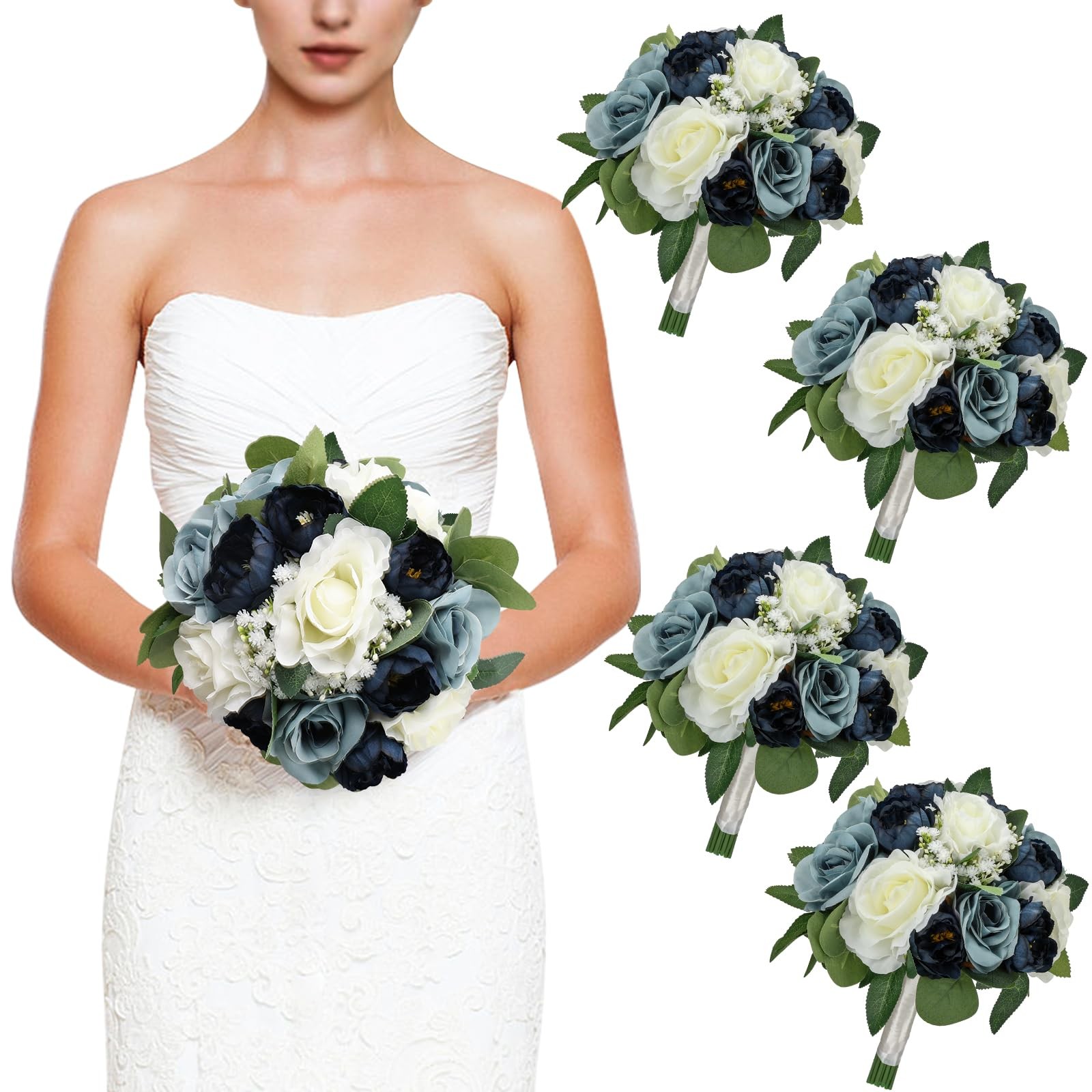 Set of 4 Bridesmaid Bouquets, 11 Inch Wedding Bouquets for Bridesmaids Artifici
