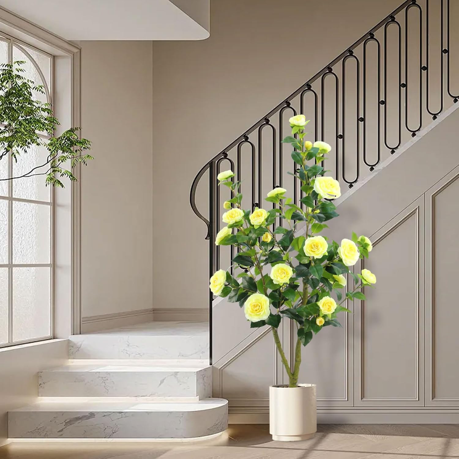 Artificial Camellia Tree, 4FT Faux Camellia Plant Indoor, Realistic Artificial T