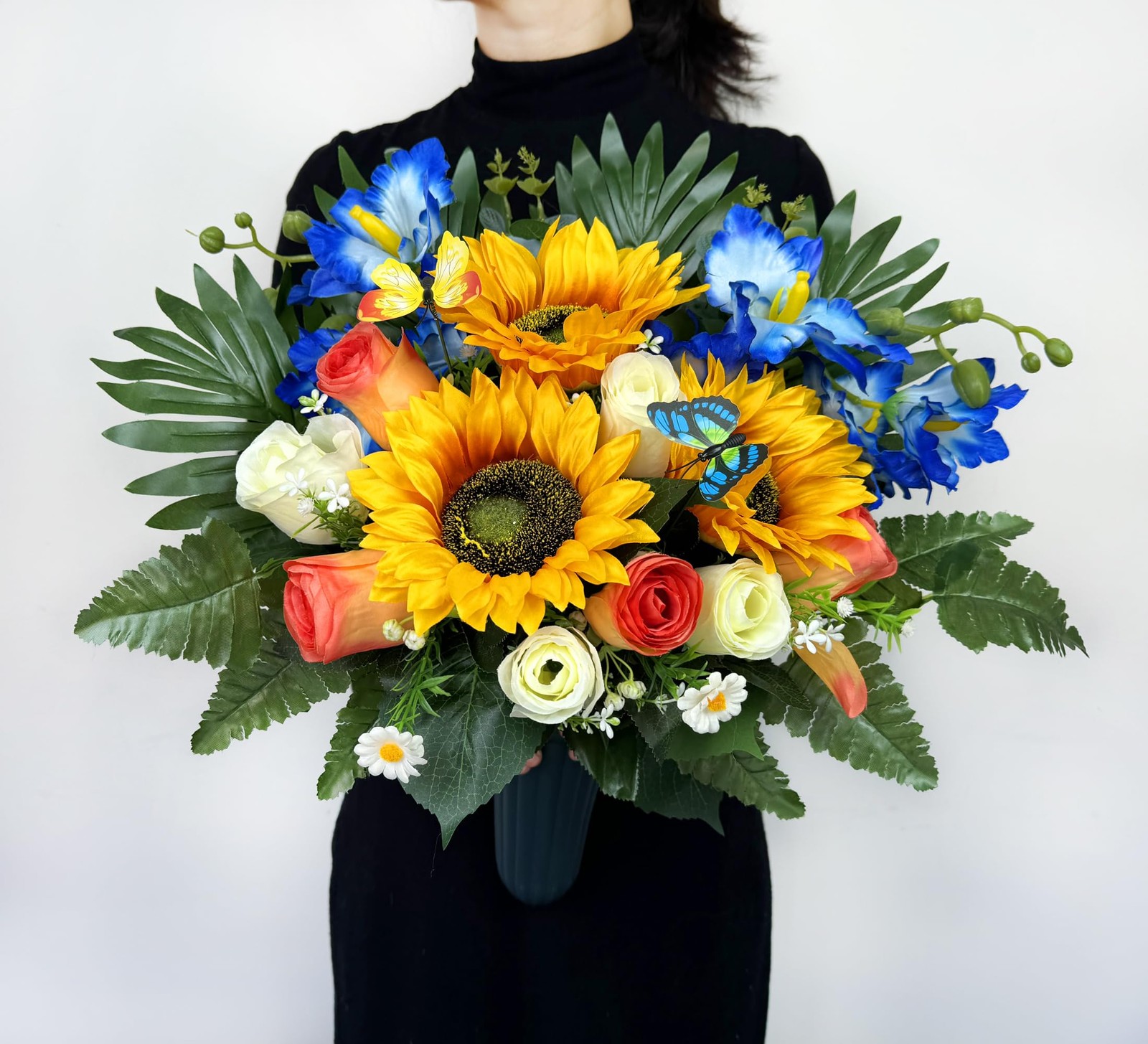 Artificial Cemetery Flower Bouquet Sunflower Rose Cattleya With Vase
