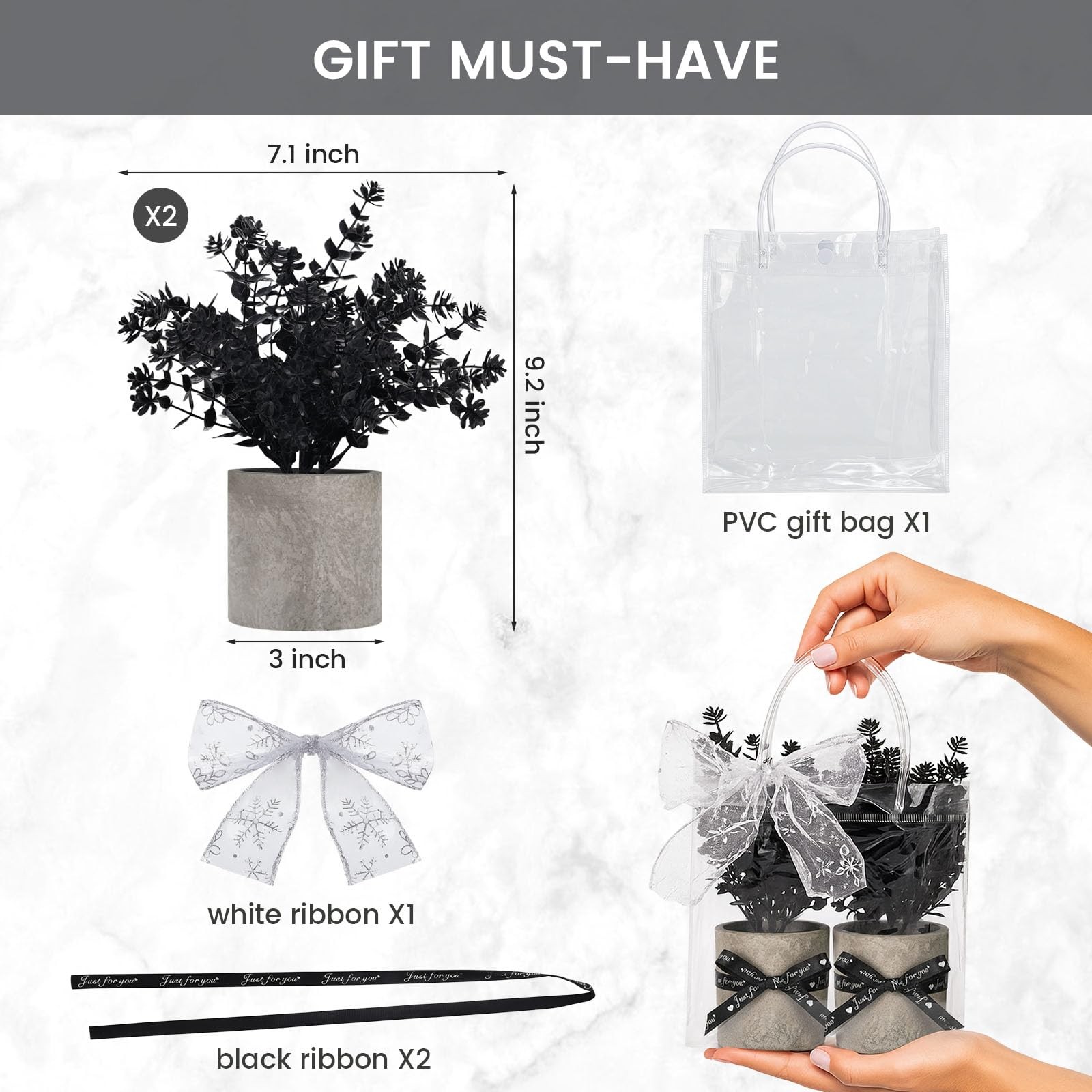 2PCS Small Fake Plants Decor Eucalyptus Artificial Greenery Potted Black