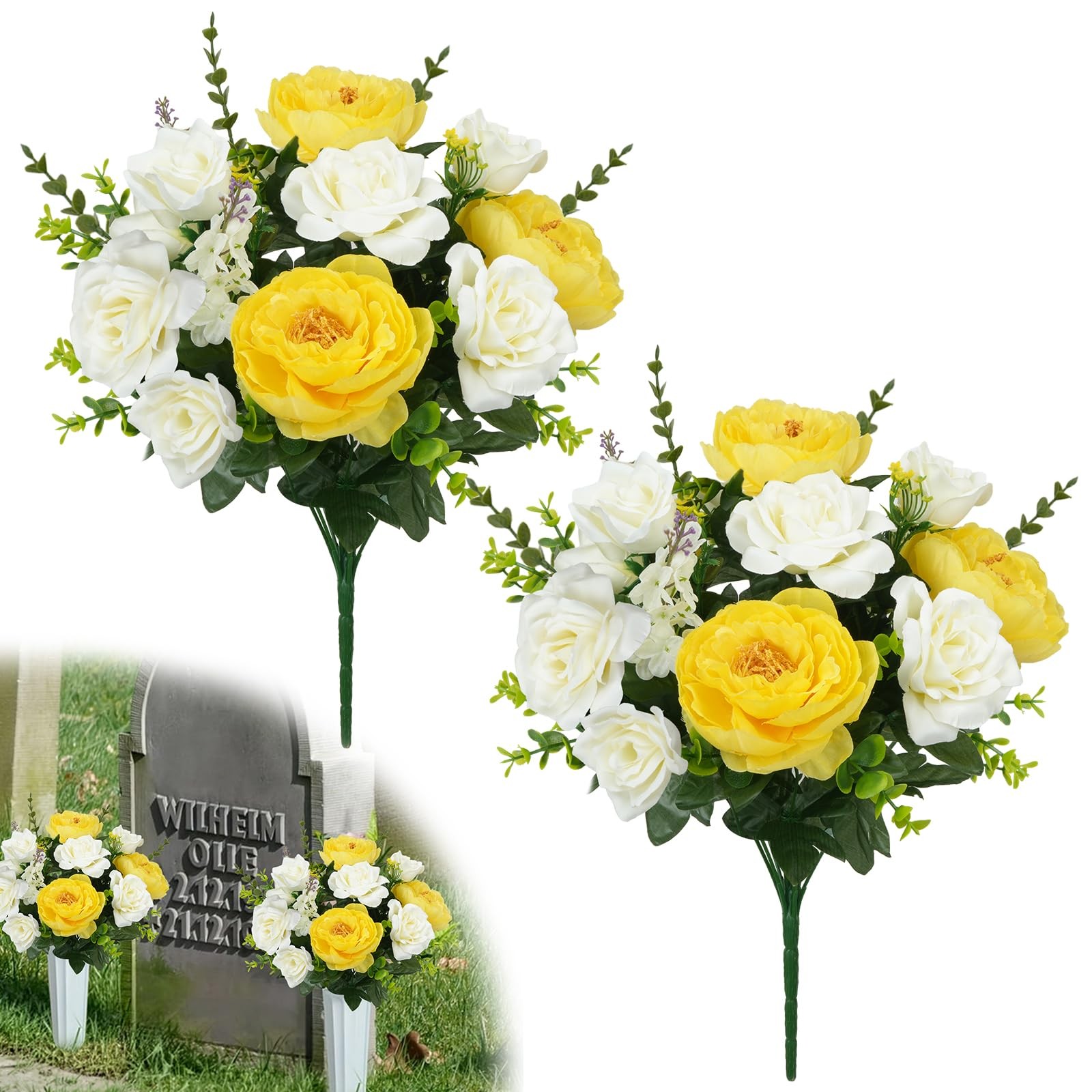 2 Bunches Spring Cemetery Flowers for Grave Yellow Roses Artificial Flowers 1…