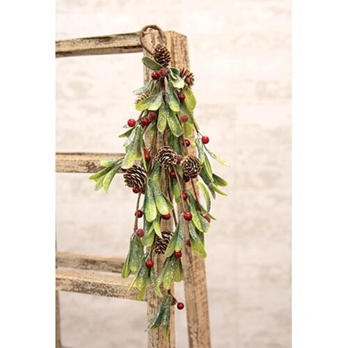 NEW Glittered MISTLETOE TEARDROP WALL HANGER RED Berries Buds Christmas 20″ L