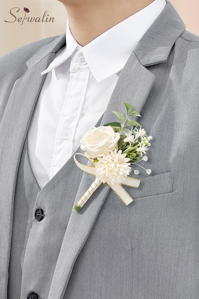 2 Pcs White Boutonniere for Men, Groom Groomsmen Best Man Guest Boutonnieres,…