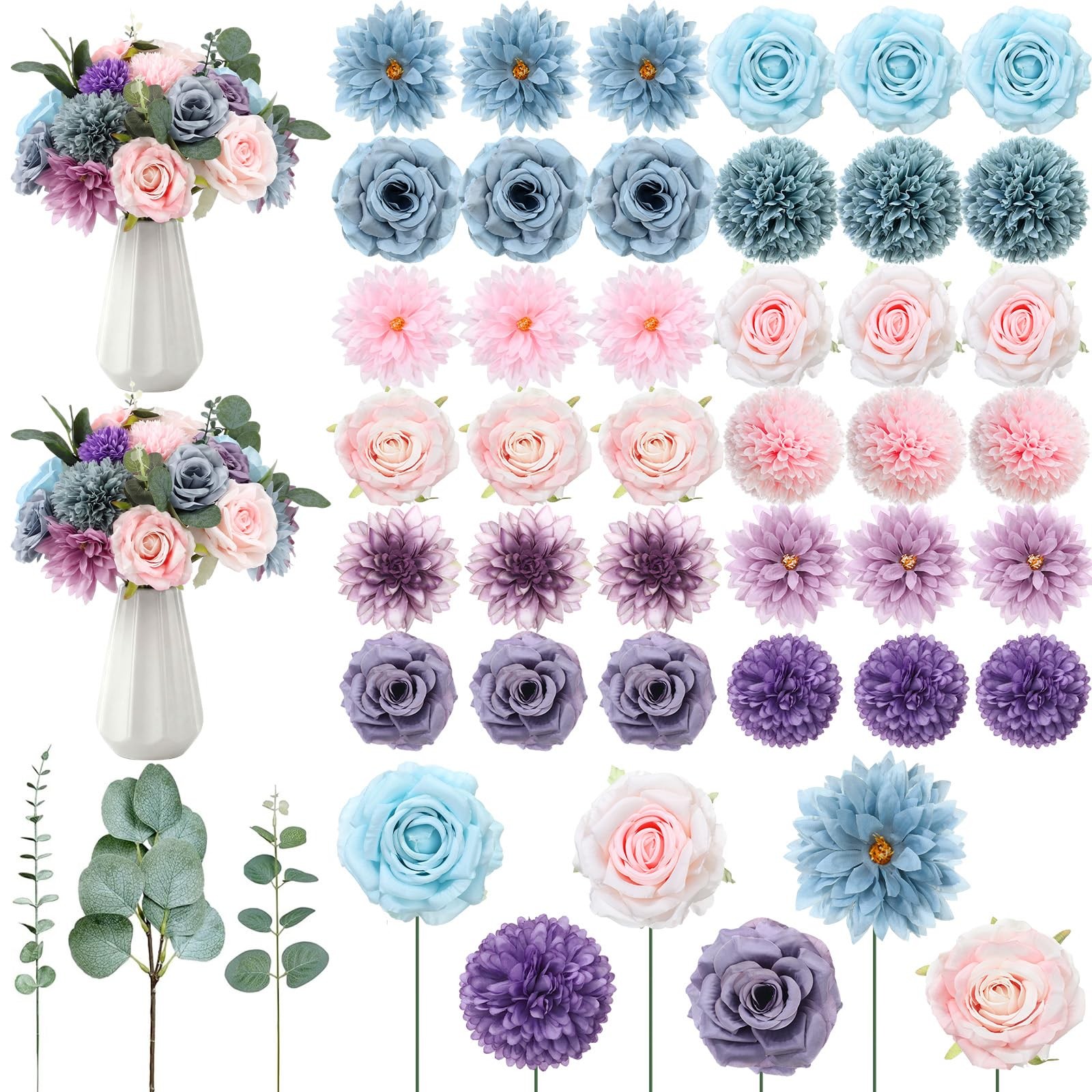 98 Pcs Artificial Flowers Bouquet Assorted Faux Flowers Heads with Stem Eucal…