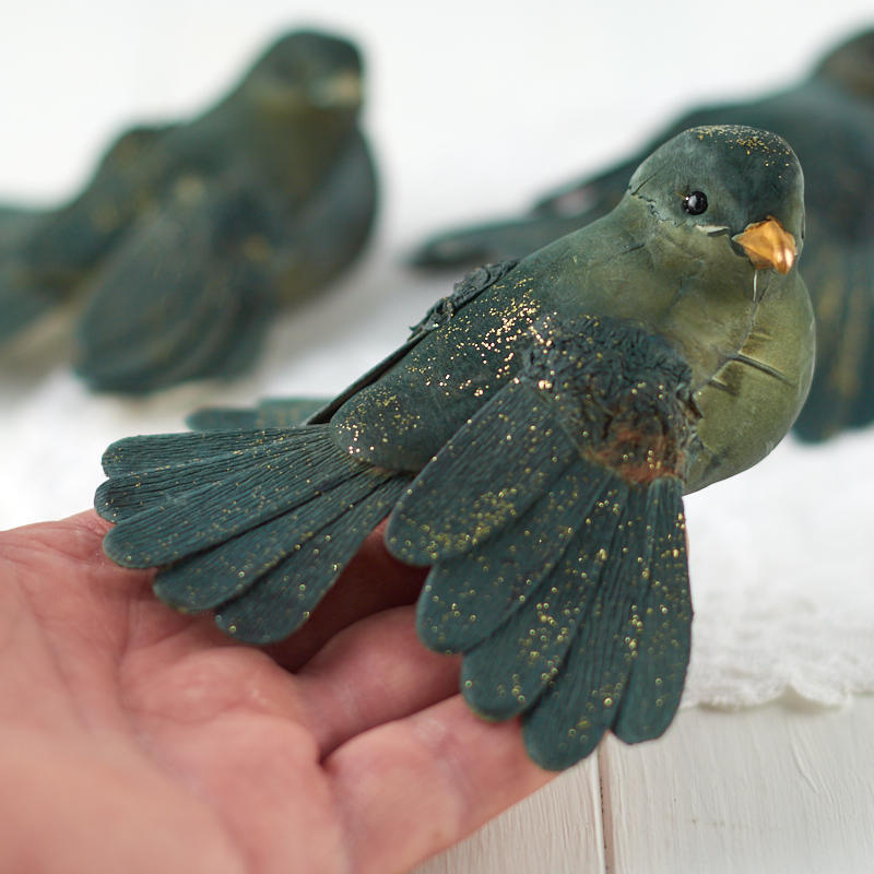 12 Green Woodland 4-3/4″ Mushroom Chickadee Birds with Gold Glitter