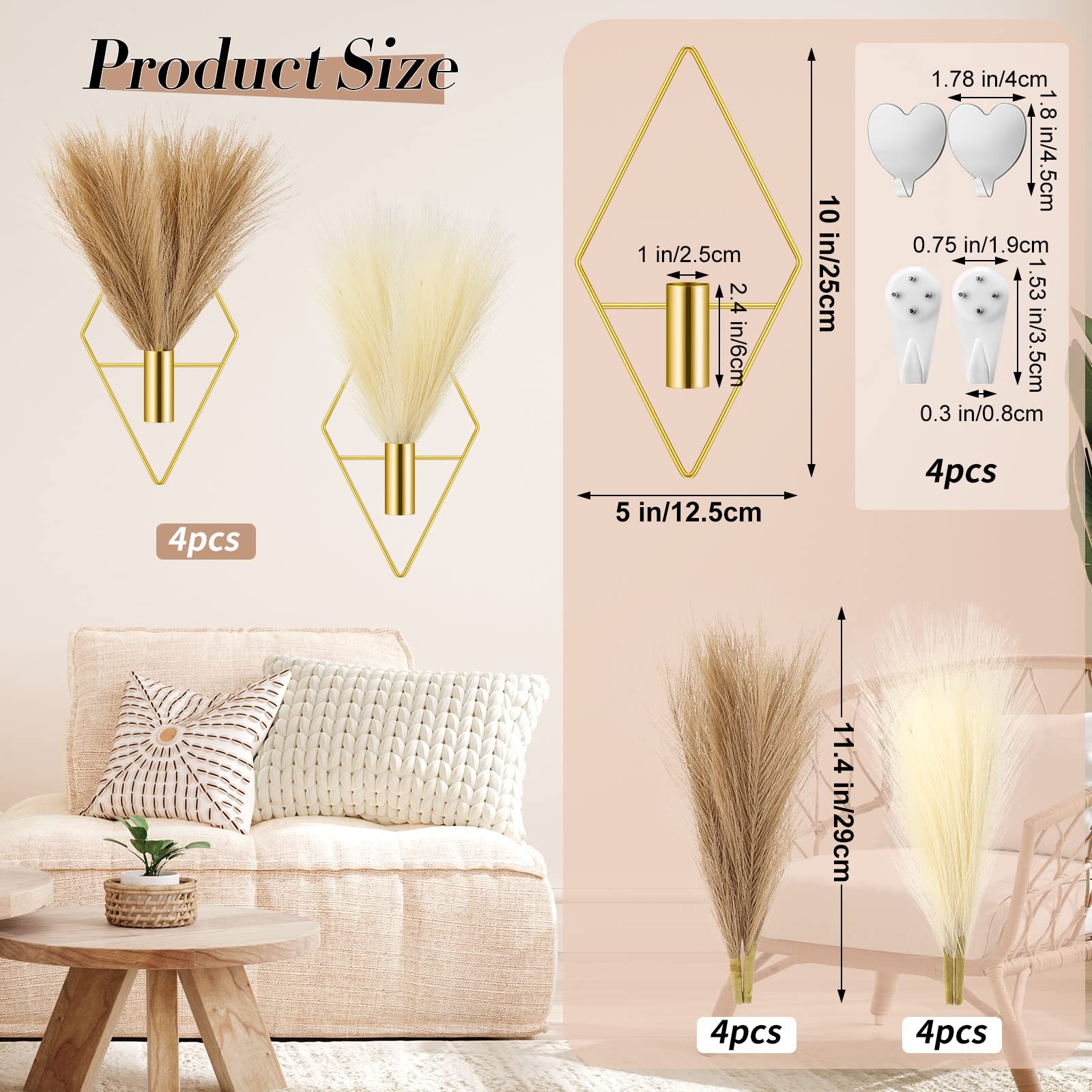 4 Sets Boho Gold Wall Decor Metal Wall Art Hanging Planters with Artificial P…