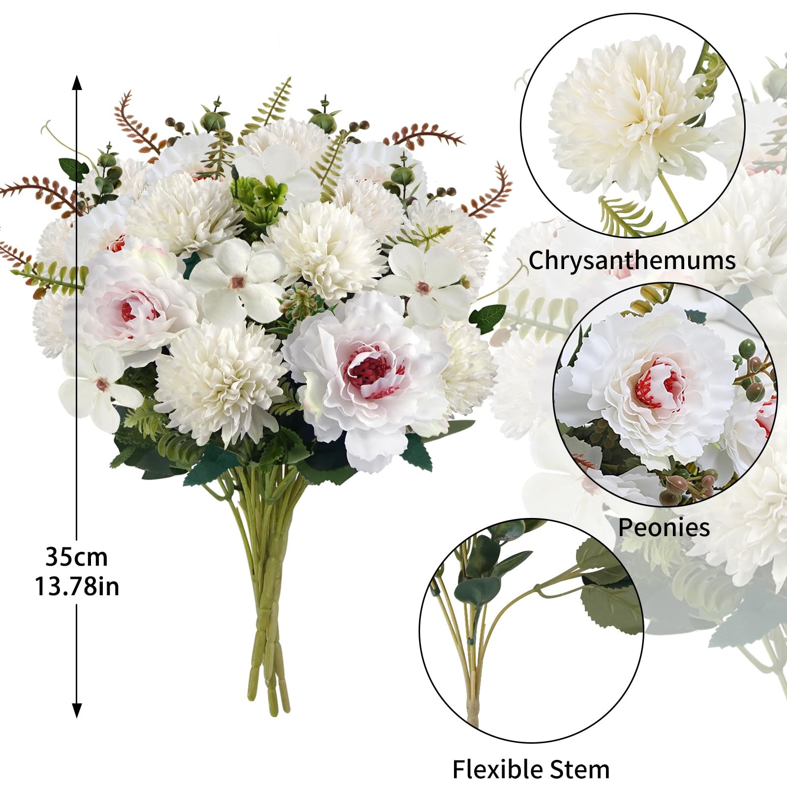 4Pcs White Artificial Flowers Fake Peonies 13.8 Inch Silk Floral Arrangements…