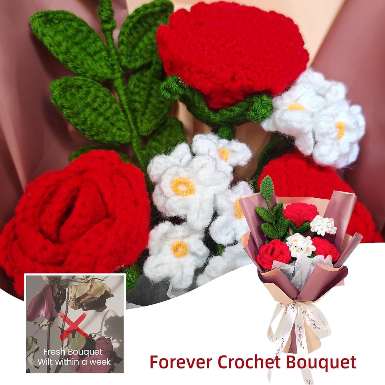 Red Rose Forget Me Not Knitted Artificial Flowers Gift for Mother Wife Women
